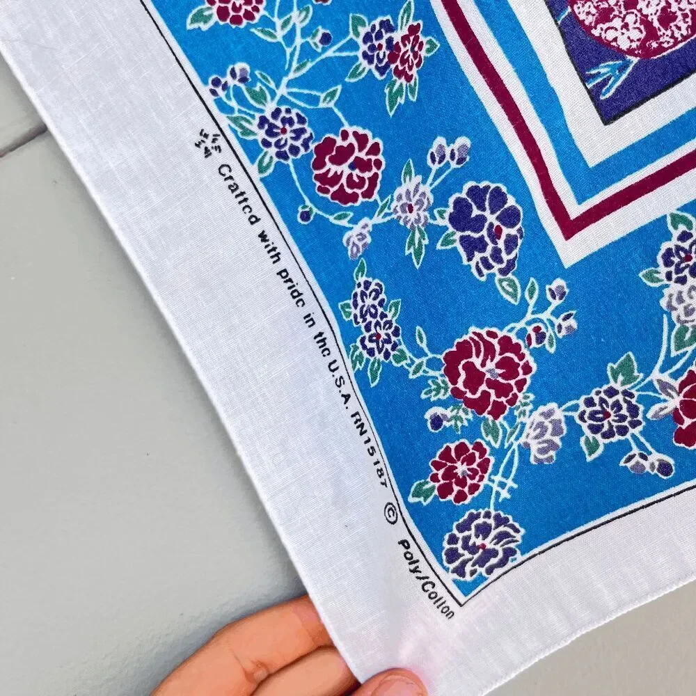Vintage 80s Asian-Inspired Floral Poly Cotton Handkerchief Scarf USA